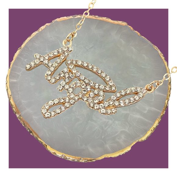 Angel Necklace Gold Plated Rhinestone Word Halo Pendant & Cable Chain Jewelry - Picture 1 of 7
